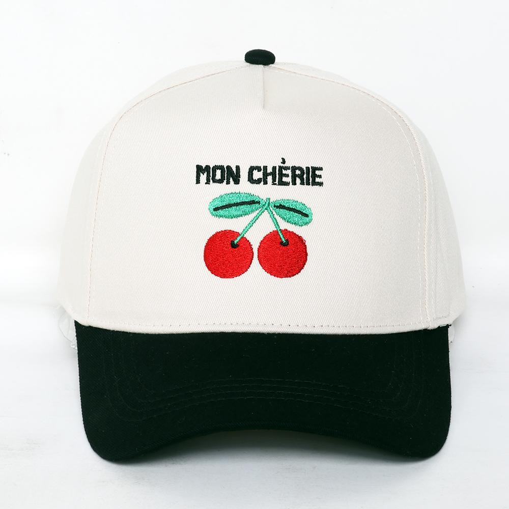 "MON CHERIE" Cherries Embroidered Two Tone Baseball Cap - One Size Fits Most - Snap Back Closure - 100% Cotton view 2