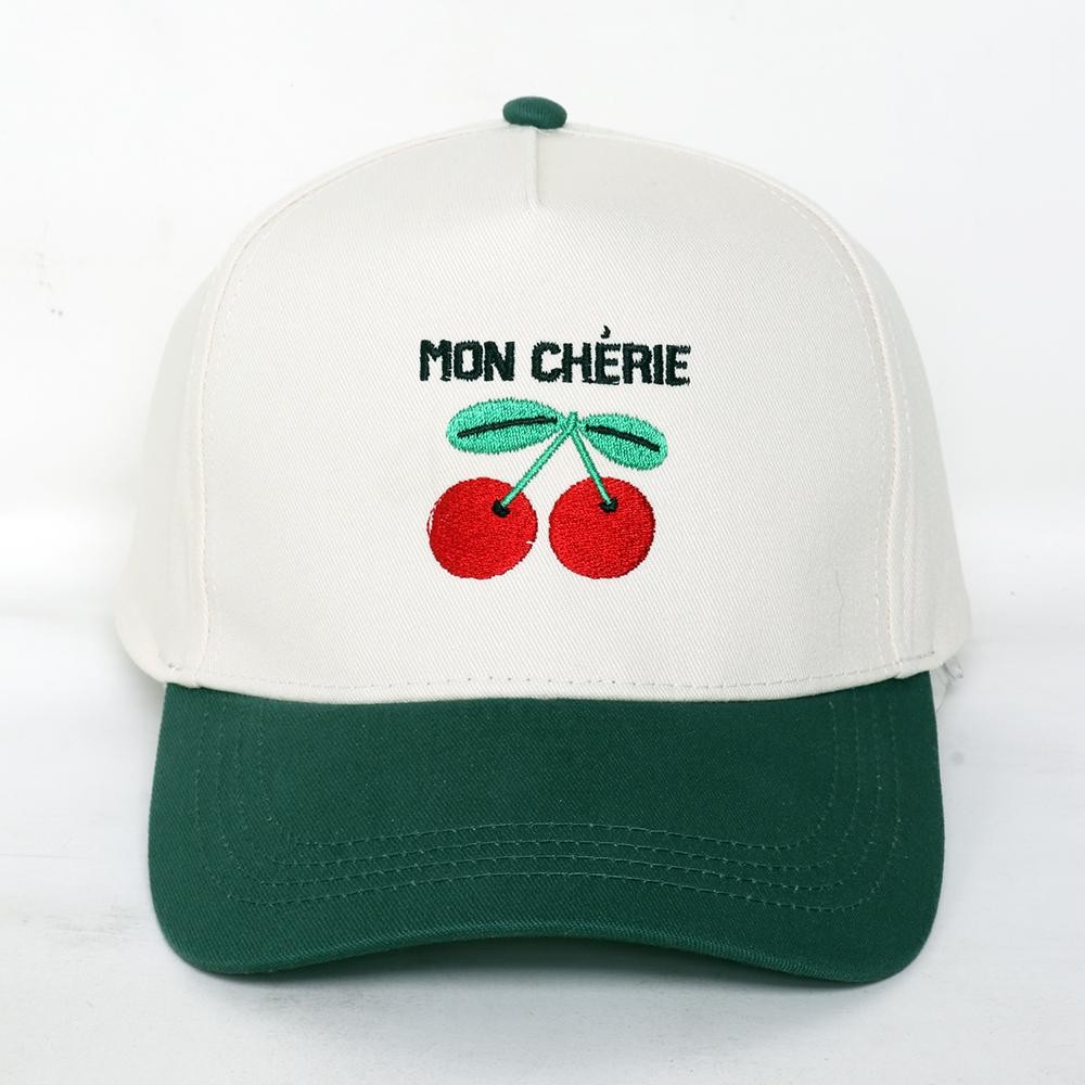"MON CHERIE" Cherries Embroidered Two Tone Baseball Cap - One Size Fits Most - Snap Back Closure - 100% Cotton view 2