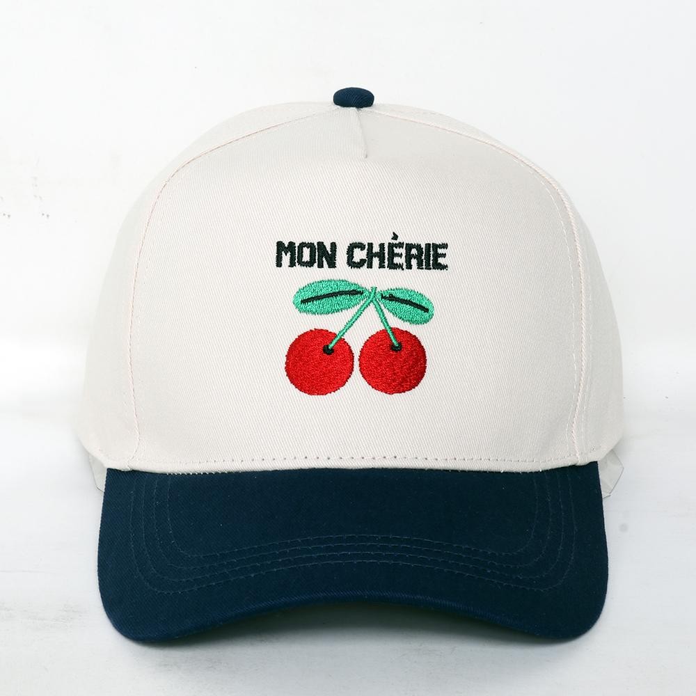 "MON CHERIE" Cherries Embroidered Two Tone Baseball Cap - One Size Fits Most - Snap Back Closure - 100% Cotton view 2