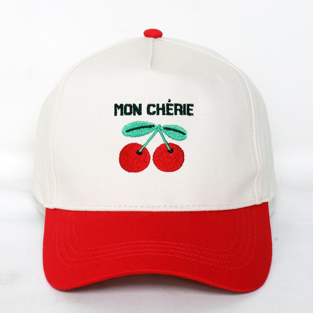 "MON CHERIE" Cherries Embroidered Two Tone Baseball Cap - One Size Fits Most - Snap Back Closure - 100% Cotton view 2