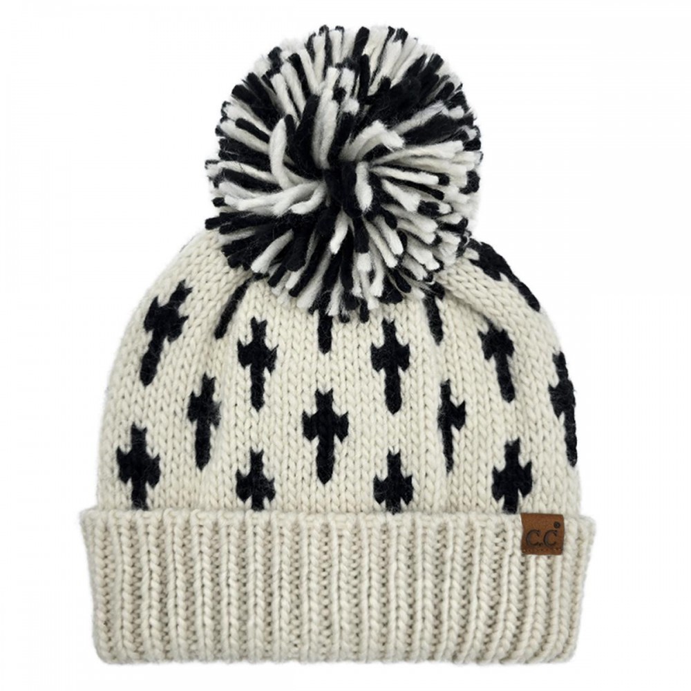 C.C HTE0163 All Over Cross Patter Yarn Pom Beanie - 100% Acrylic - One Size view 2
