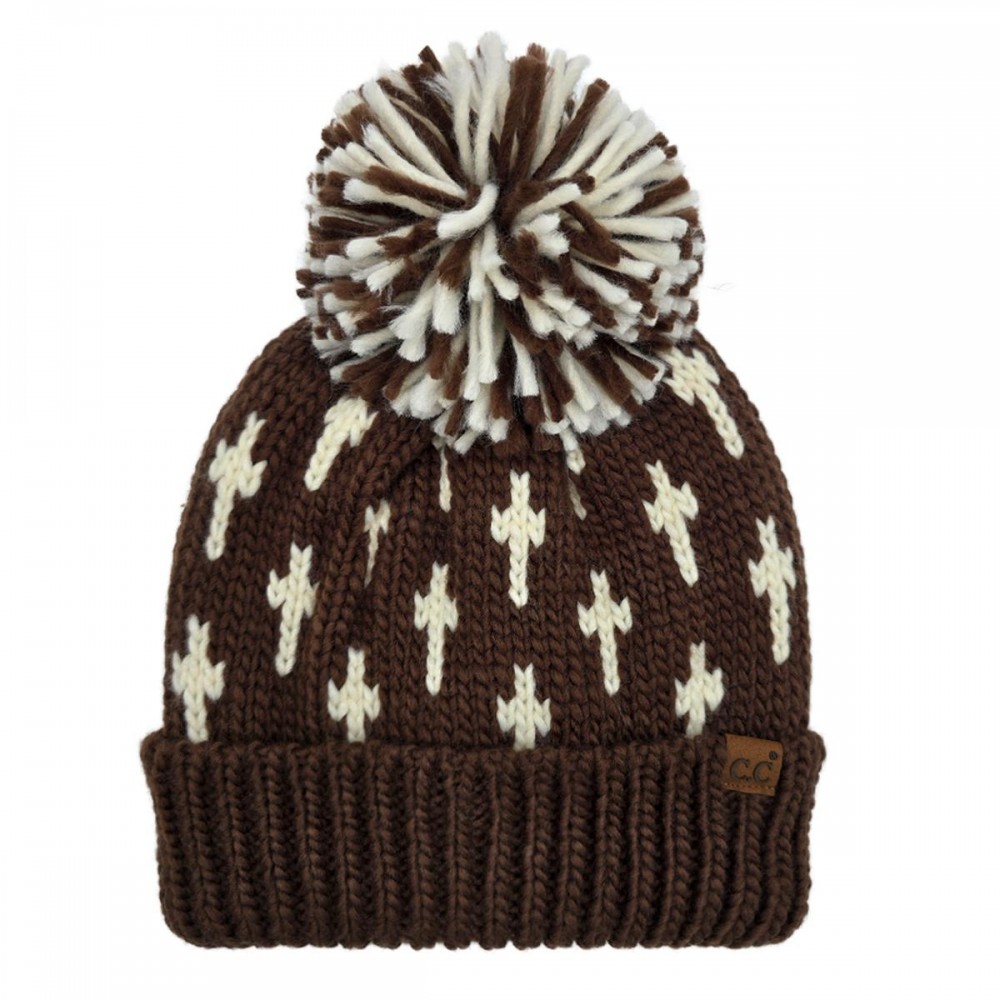 C.C HTE0163 All Over Cross Patter Yarn Pom Beanie - 100% Acrylic - One Size view 2