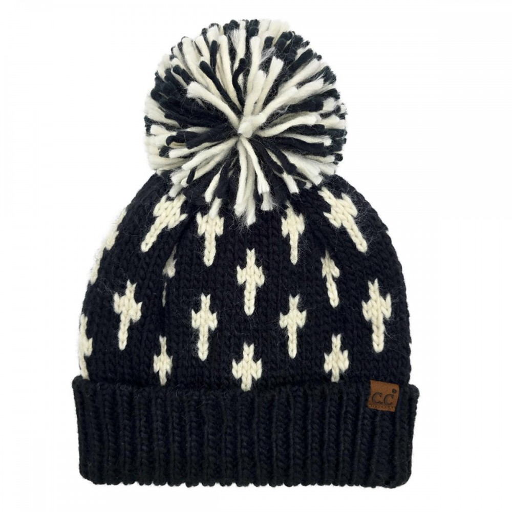 C.C HTE0163 All Over Cross Patter Yarn Pom Beanie - 100% Acrylic - One Size view 2