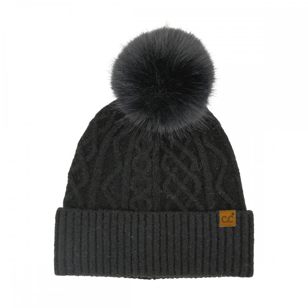 C.C HTE0155 Knit Pom Beanie - 50% Recycled Polyester / 25% Acrylic / 15% Nylon / 4% Spandex / 6% Wool - One Size Fits Most view 2