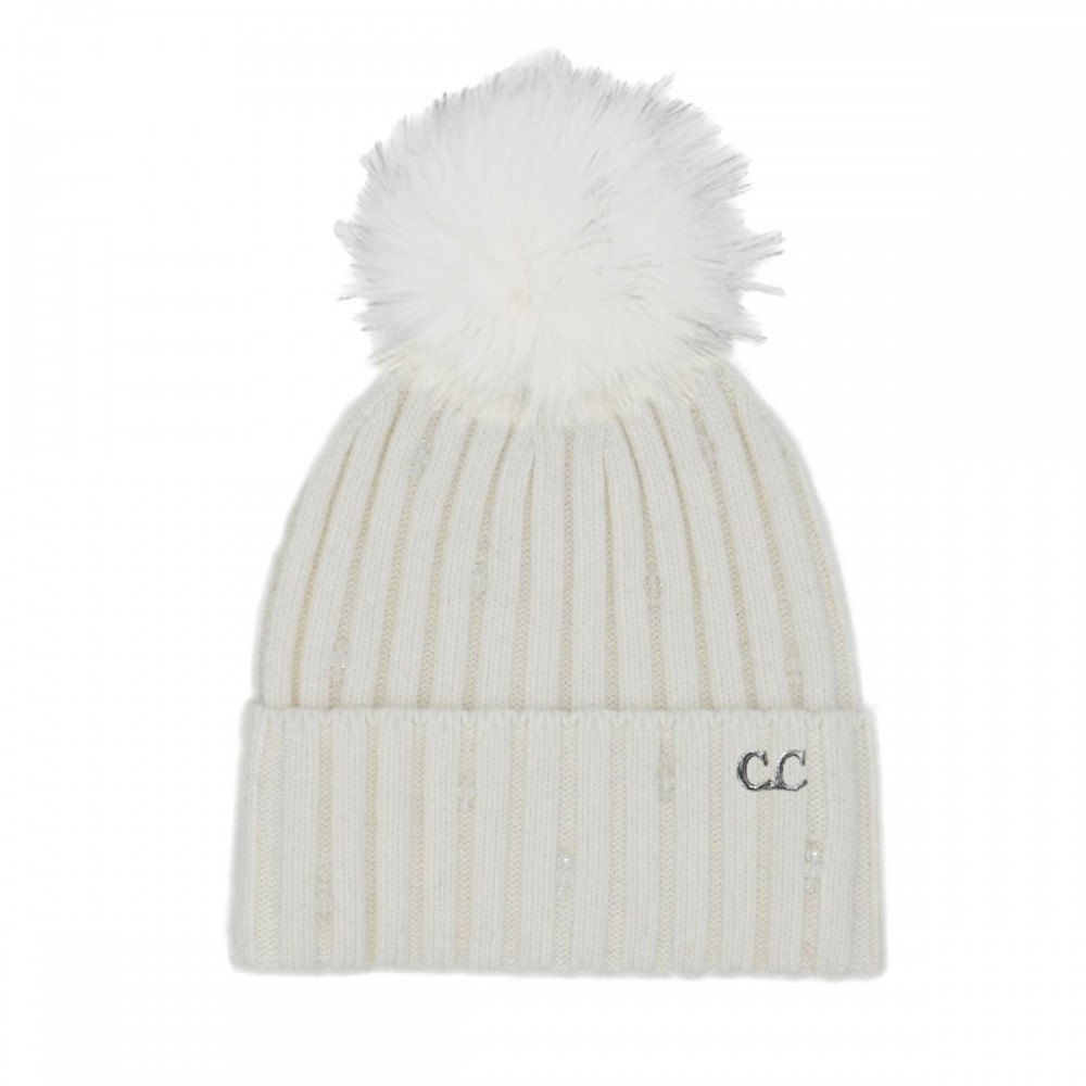 C.C HTC0069 Glass Bead Embellishment Cuff Beanie With Faux Fur Pom. - 30% Viscose / 10% Angora / 60% Nylon - One Size view 2