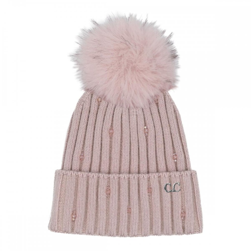 C.C HTC0069 Glass Bead Embellishment Cuff Beanie With Faux Fur Pom. - 30% Viscose / 10% Angora / 60% Nylon - One Size view 2