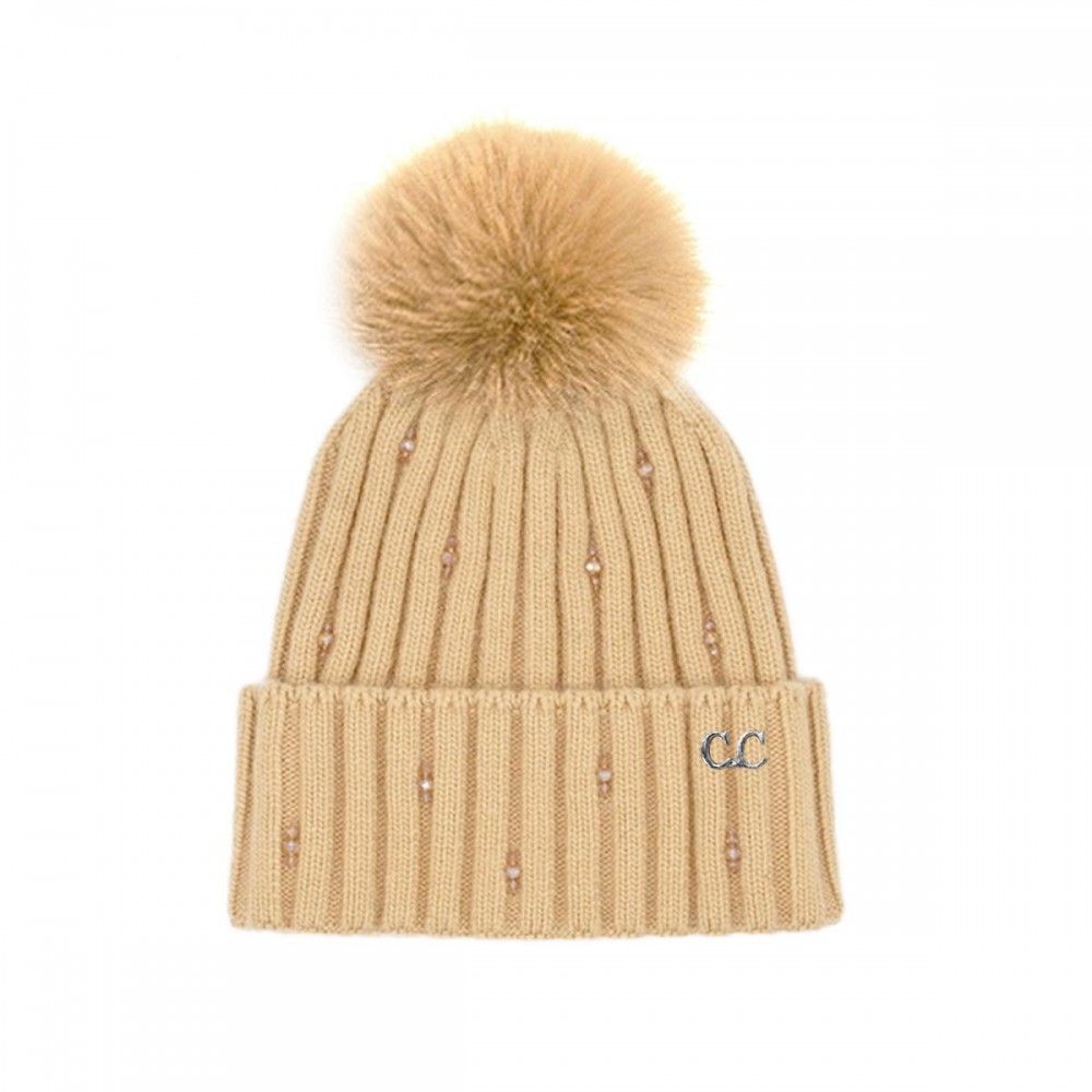 C.C HTC0069 Glass Bead Embellishment Cuff Beanie With Faux Fur Pom. - 30% Viscose / 10% Angora / 60% Nylon - One Size view 2
