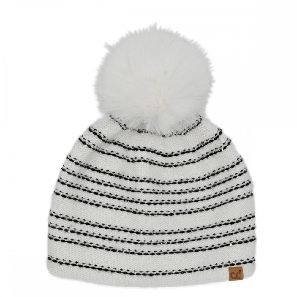 C.C HTC0071 Stripe Stitches With Sequin Angora Pom Beanie. - 30% Viscose / 10% Angora / 60% Nylon - One Size view 2