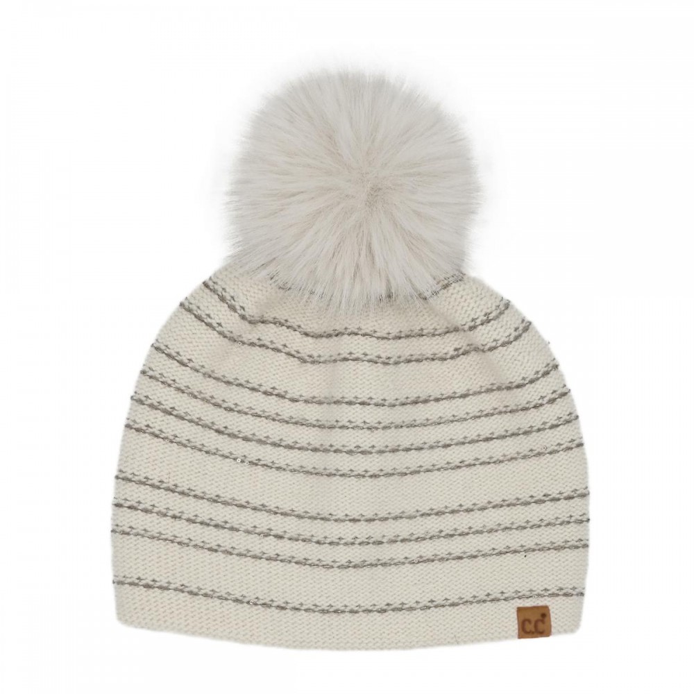 C.C HTC0071 Stripe Stitches With Sequin Angora Pom Beanie. - 30% Viscose / 10% Angora / 60% Nylon - One Size view 2