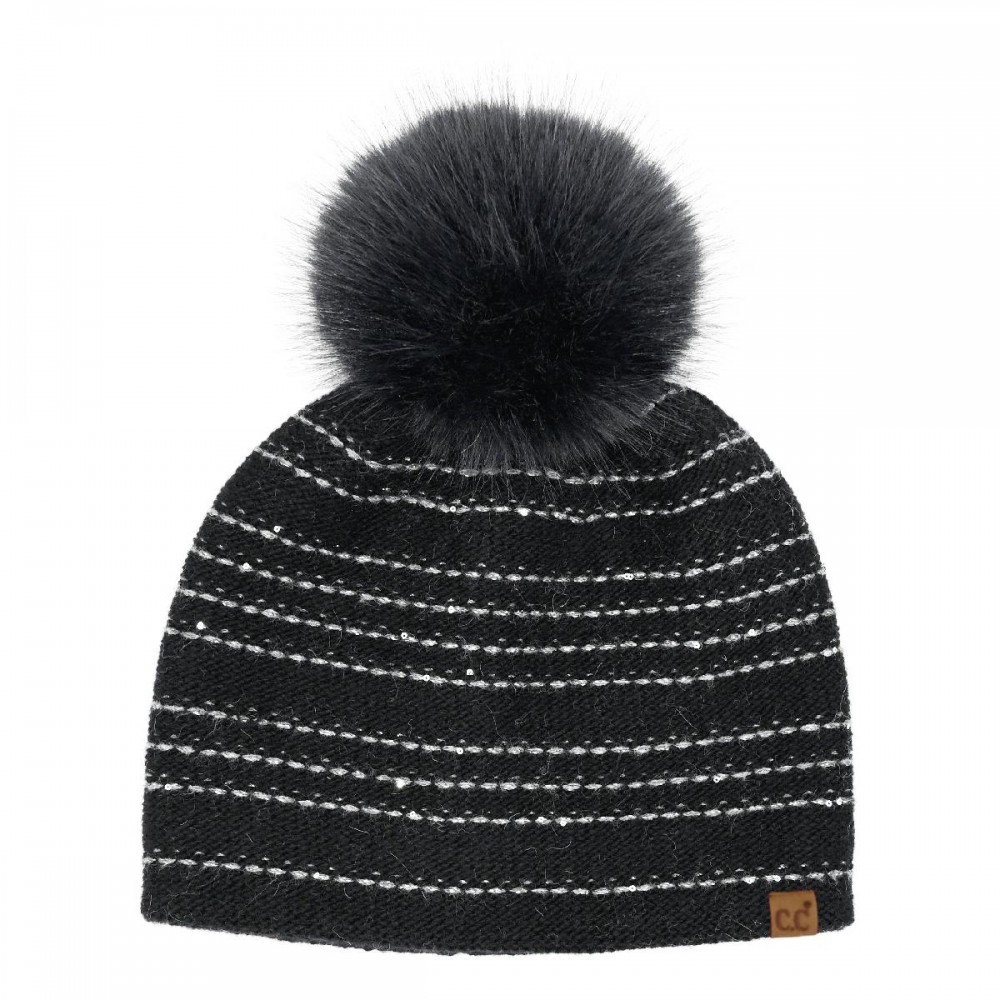 C.C HTC0071 Stripe Stitches With Sequin Angora Pom Beanie. - 30% Viscose / 10% Angora / 60% Nylon - One Size view 2