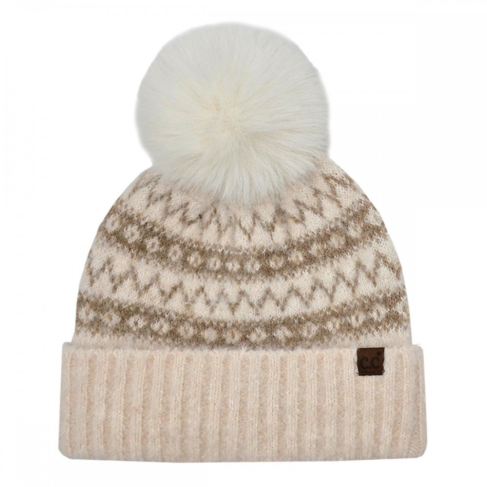 C.C HTC0127 Fair Isle Beanie With Faux Fur Bow Pom - 60% Polyester /17% Nylon / 10% Wool / 4% Spandex - One Size Fits Most view 2