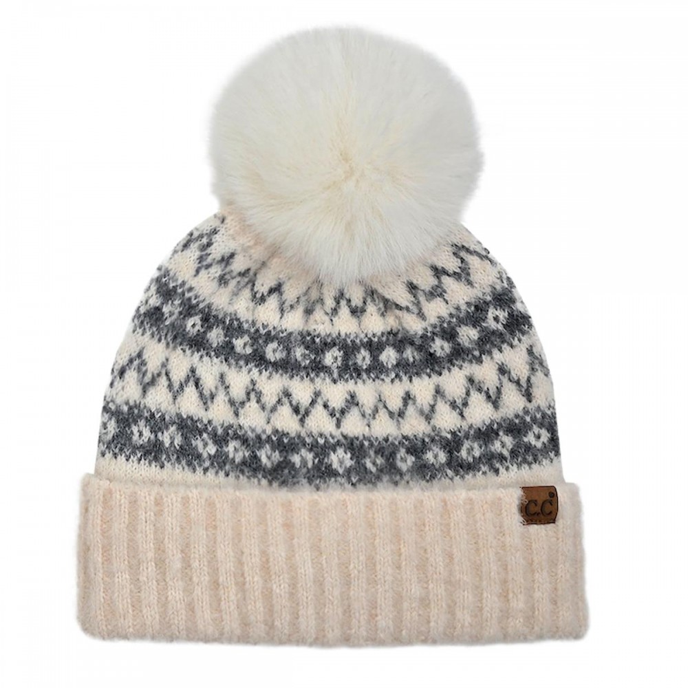 C.C HTC0127 Fair Isle Beanie With Faux Fur Bow Pom - 60% Polyester /17% Nylon / 10% Wool / 4% Spandex - One Size Fits Most view 2