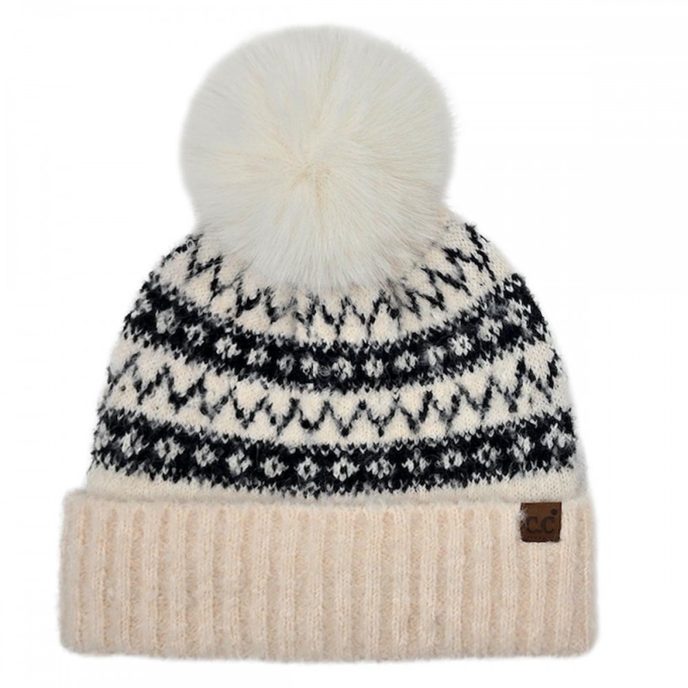 C.C HTC0127 Fair Isle Beanie With Faux Fur Bow Pom - 60% Polyester /17% Nylon / 10% Wool / 4% Spandex - One Size Fits Most view 2