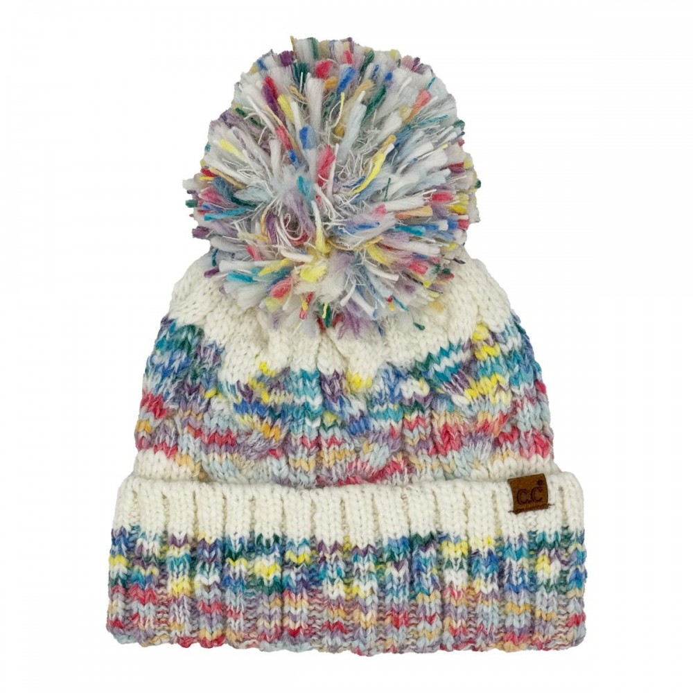 C.C HTE0137 Multi Color Cable Pom Beanie - 65% Recycled Polyester / 20% Acrylic / 10% Nylon / 5% Wool - One Size Fits Most view 2