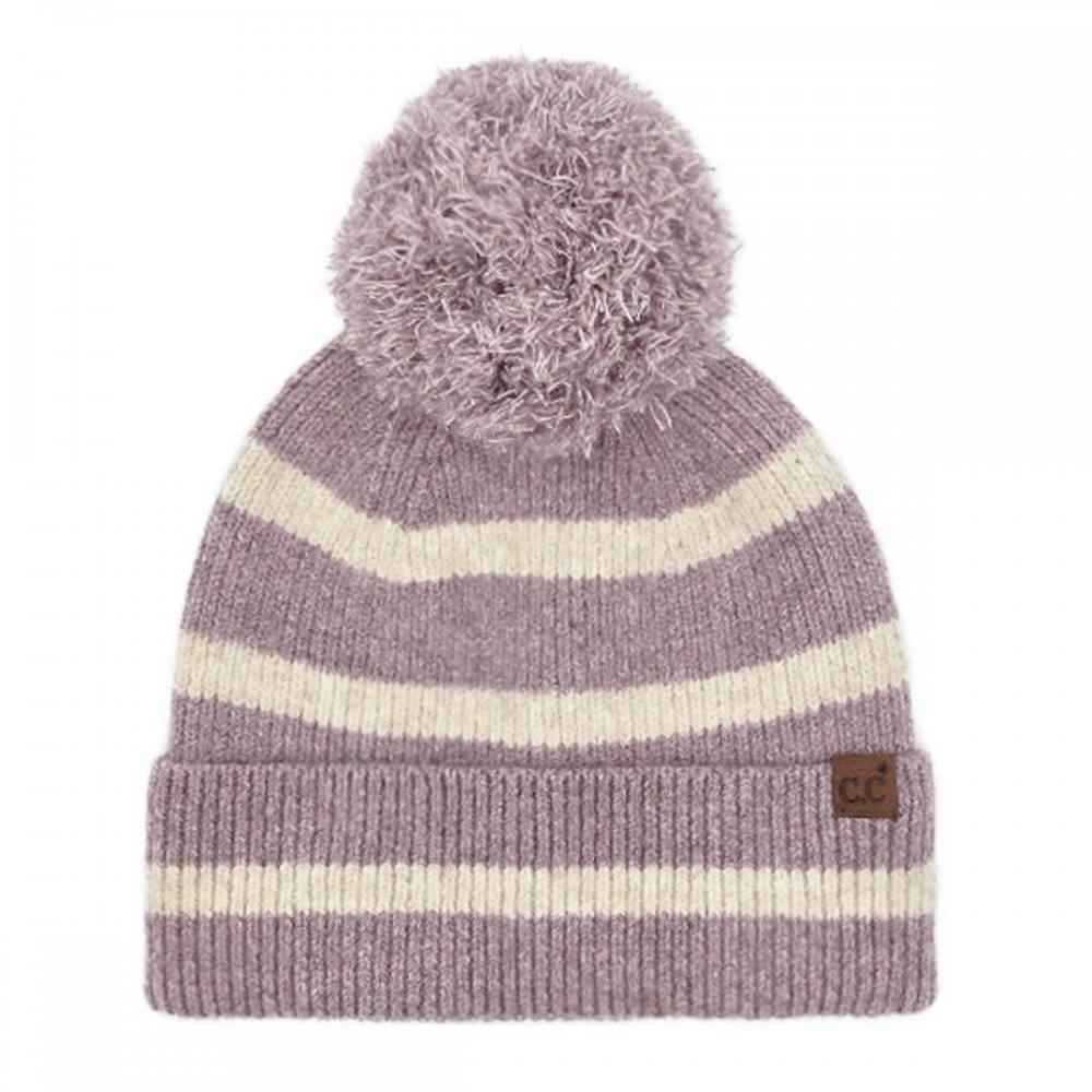 C.C HTE0141 Stripe Yarn Pom Beanie - 65% Recycled Plastic / 13% Acrylic / 13% Nylon / 6% Wool / 3% Spandex - One Size Fits Most view 2
