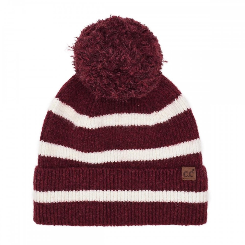 C.C HTE0141 Stripe Yarn Pom Beanie - 65% Recycled Plastic / 13% Acrylic / 13% Nylon / 6% Wool / 3% Spandex - One Size Fits Most view 2