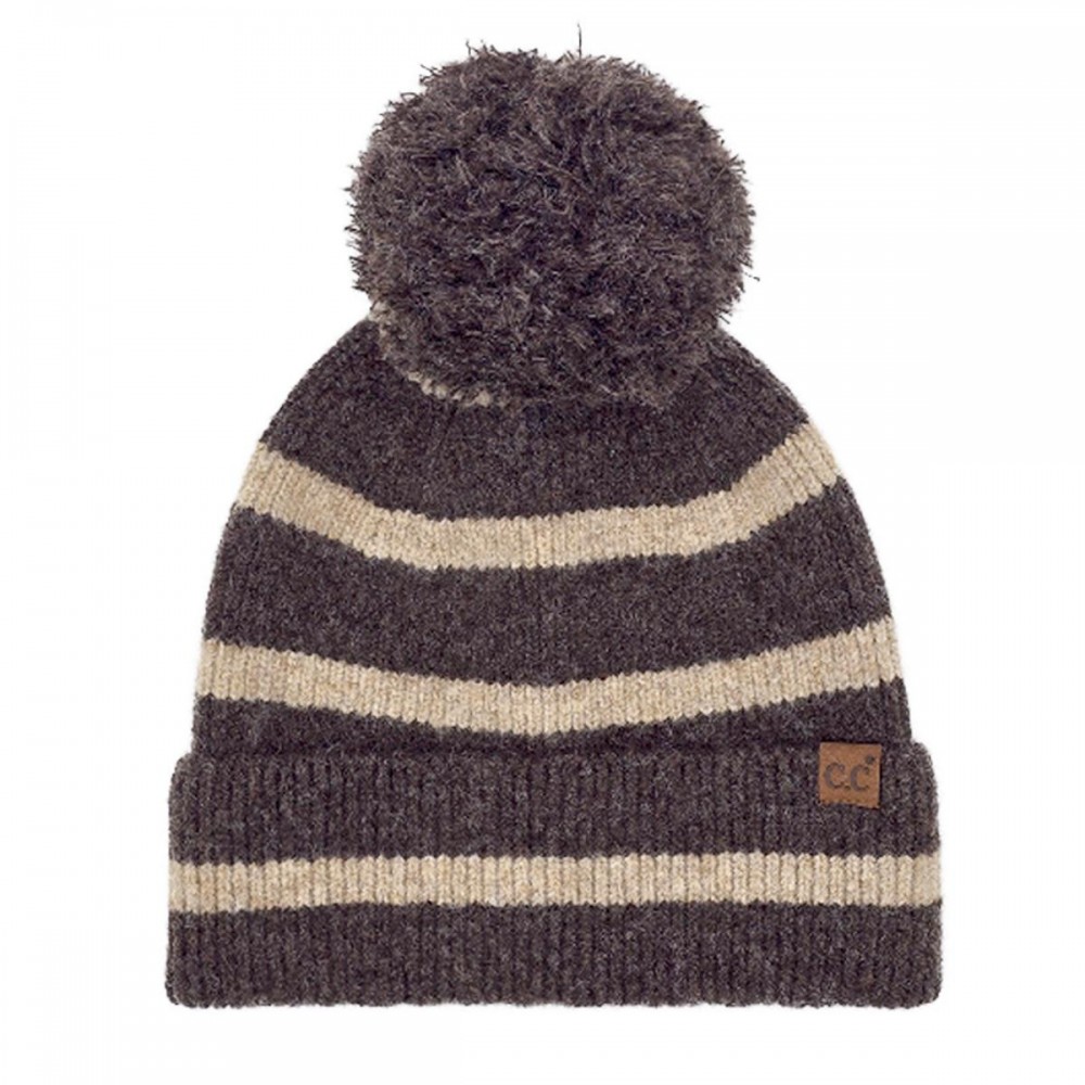 C.C HTE0141 Stripe Yarn Pom Beanie - 65% Recycled Plastic / 13% Acrylic / 13% Nylon / 6% Wool / 3% Spandex - One Size Fits Most view 2