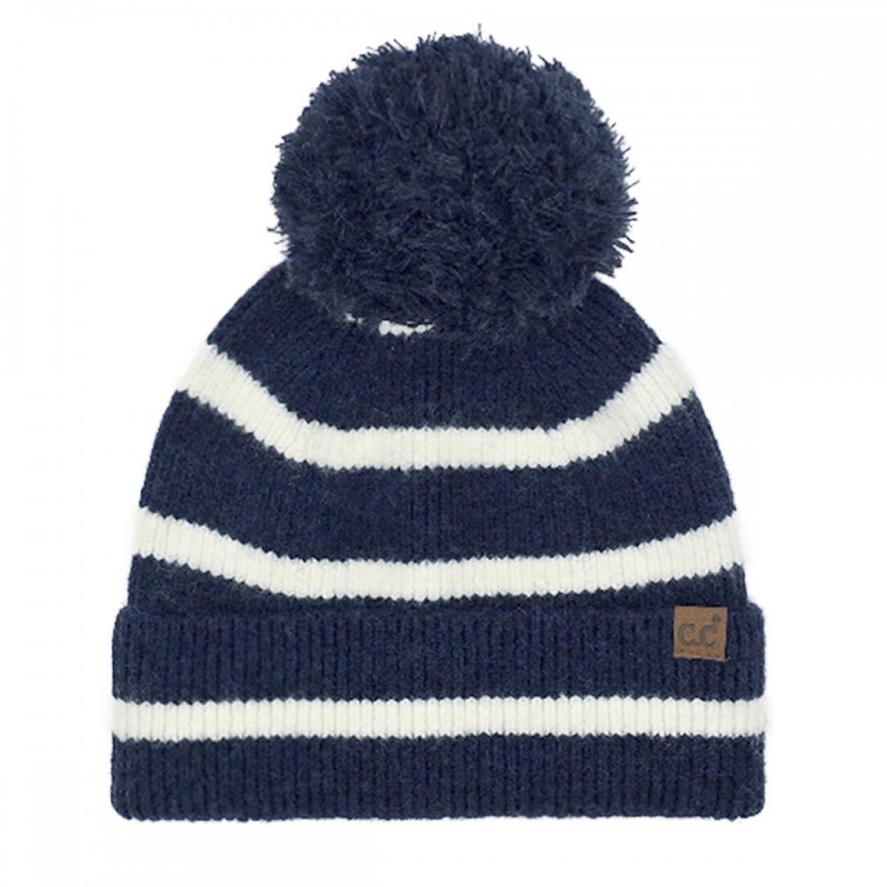 C.C HTE0141 Stripe Yarn Pom Beanie - 65% Recycled Plastic / 13% Acrylic / 13% Nylon / 6% Wool / 3% Spandex - One Size Fits Most view 2