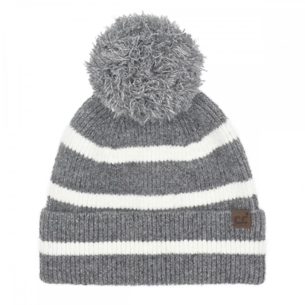 C.C HTE0141 Stripe Yarn Pom Beanie - 65% Recycled Plastic / 13% Acrylic / 13% Nylon / 6% Wool / 3% Spandex - One Size Fits Most view 2