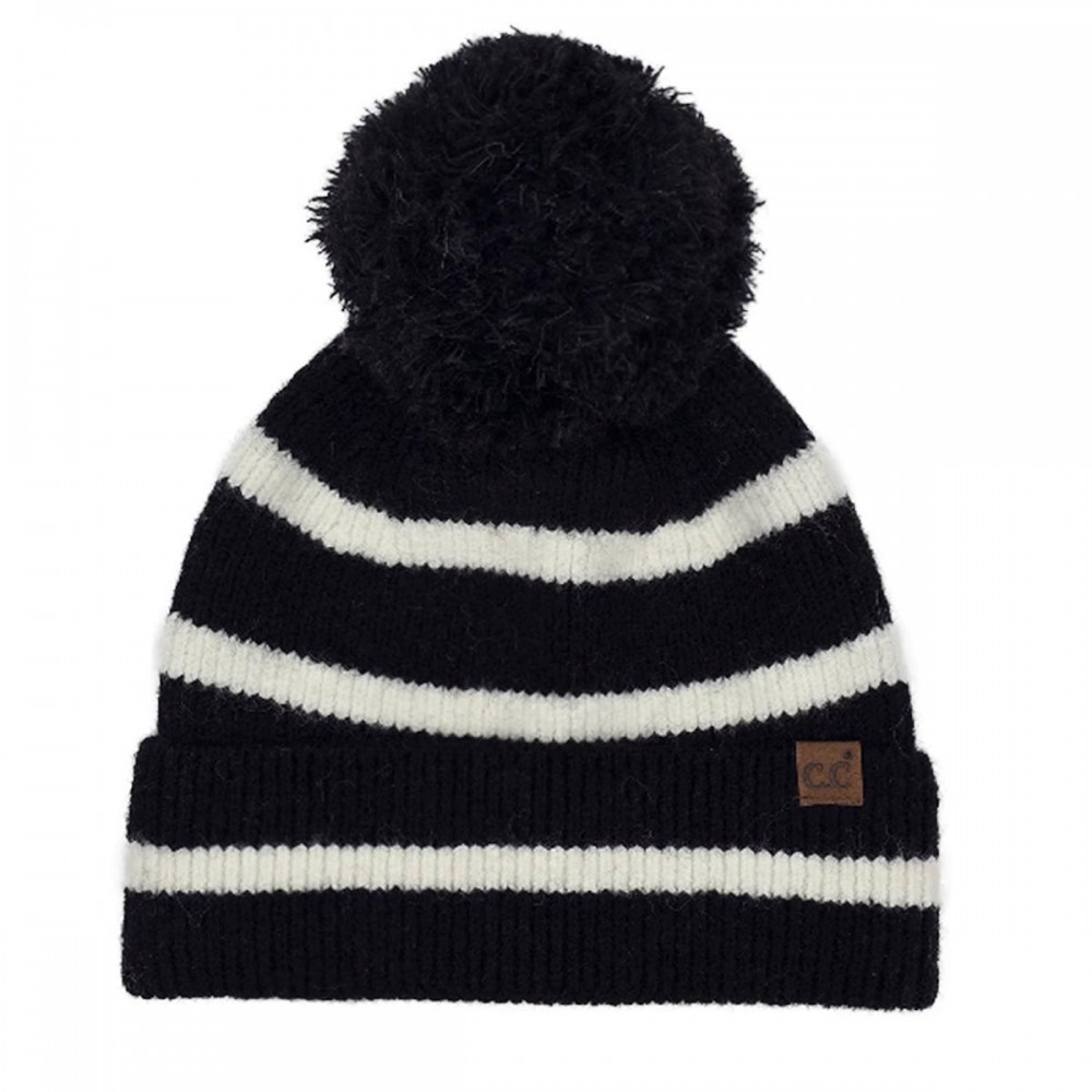 C.C HTE0141 Stripe Yarn Pom Beanie - 65% Recycled Plastic / 13% Acrylic / 13% Nylon / 6% Wool / 3% Spandex - One Size Fits Most view 2