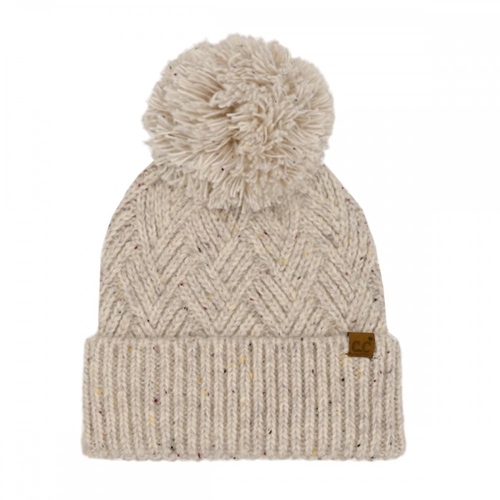 C.C HTE0143 Criss-Cross Pattern Yarn Pom Beanie. - 66% Recycled Polyester / 24%Acrylic / 5% Nylon / 5% Wool - One Size view 2