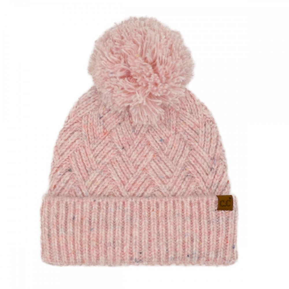 C.C HTE0143 Criss-Cross Pattern Yarn Pom Beanie. - 66% Recycled Polyester / 24%Acrylic / 5% Nylon / 5% Wool - One Size view 2