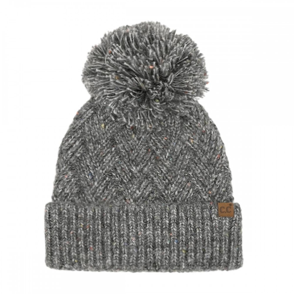 C.C HTE0143 Criss-Cross Pattern Yarn Pom Beanie - 66% Recycled Polyester / 24%Acrylic / 5% Nylon / 5% Wool - One Size view 2