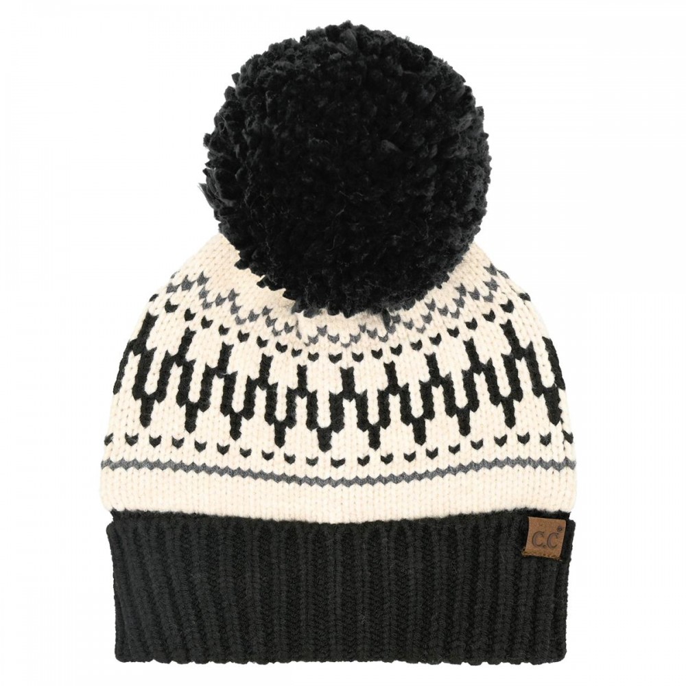C.C HTE0144 Fair Isle Pattern Yarn Pom Beanie - 47% Rayon / 31% Polyester / 22% Nylon - One Size Fits Most view 2