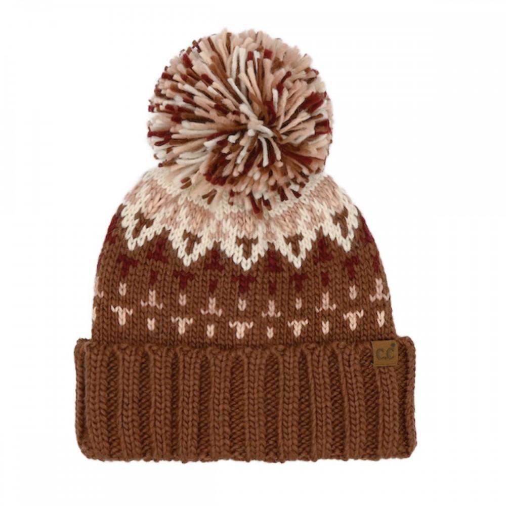 C.C HTE0156 Geometric Pattern Knit Beanie With Multi Color Yarn Pom - 100% Acrylic Iceland Wool - One Size Fits Most view 2