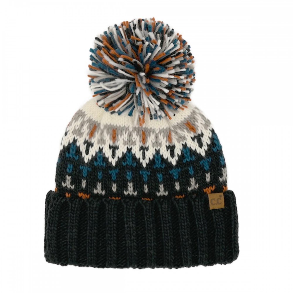 C.C HTE0156 Geometric Pattern Knit Beanie With Multi Color Yarn Pom - 100% Acrylic Iceland Wool - One Size Fits Most view 2