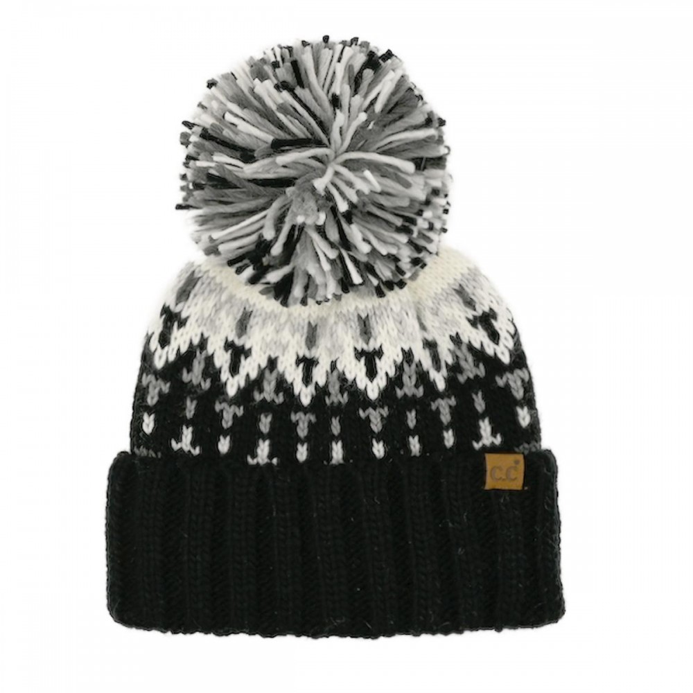 C.C HTE0156 Geometric Pattern Knit Beanie With Multi Color Yarn Pom - 100% Acrylic Iceland Wool - One Size Fits Most view 2