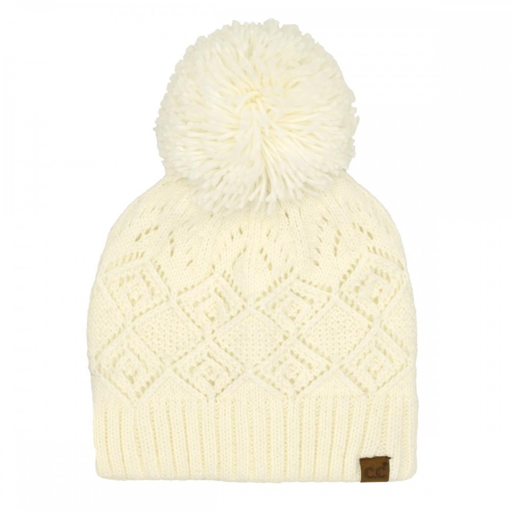 C.C HTE0157 Diamond Lace Pattern Yarn Pom Beanie - 100% Acrylic Iceland Wool - One Size Fits Most view 2
