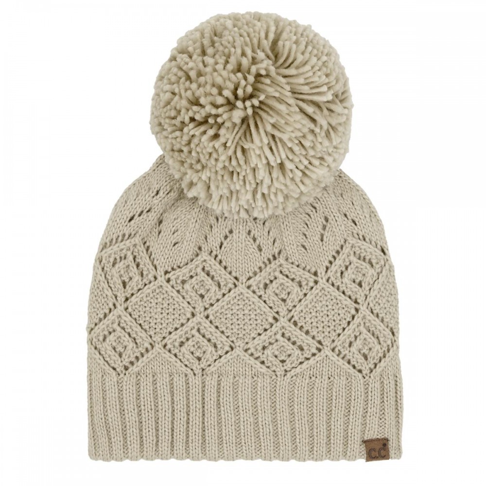 C.C HTE0157 Diamond Lace Pattern Yarn Pom Beanie - 100% Acrylic Iceland Wool - One Size Fits Most view 2