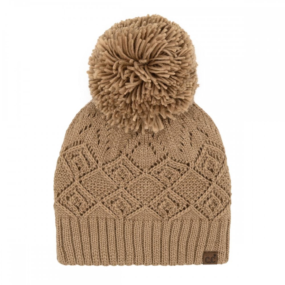 C.C HTE0157 Diamond Lace Pattern Yarn Pom Beanie - 100% Acrylic Iceland Wool - One Size Fits Most view 2