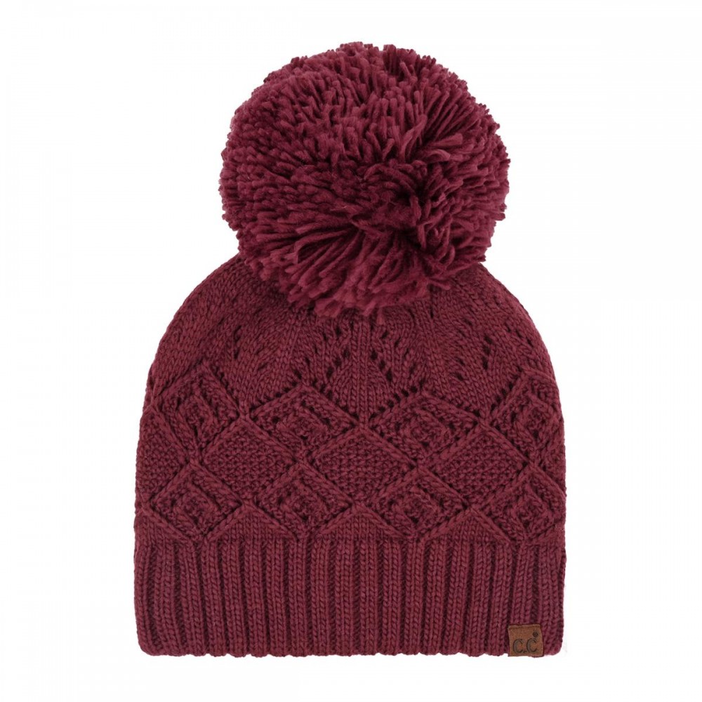 C.C HTE0157 Diamond Lace Pattern Yarn Pom Beanie - 100% Acrylic Iceland Wool - One Size Fits Most view 2