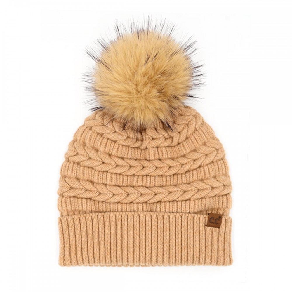 C.C HTE0158 Braided Pattern Faux Fur Pom Beanie - 47% Rayon / 31% Polyester / 22% Nylon - One Size Fits Most view 2