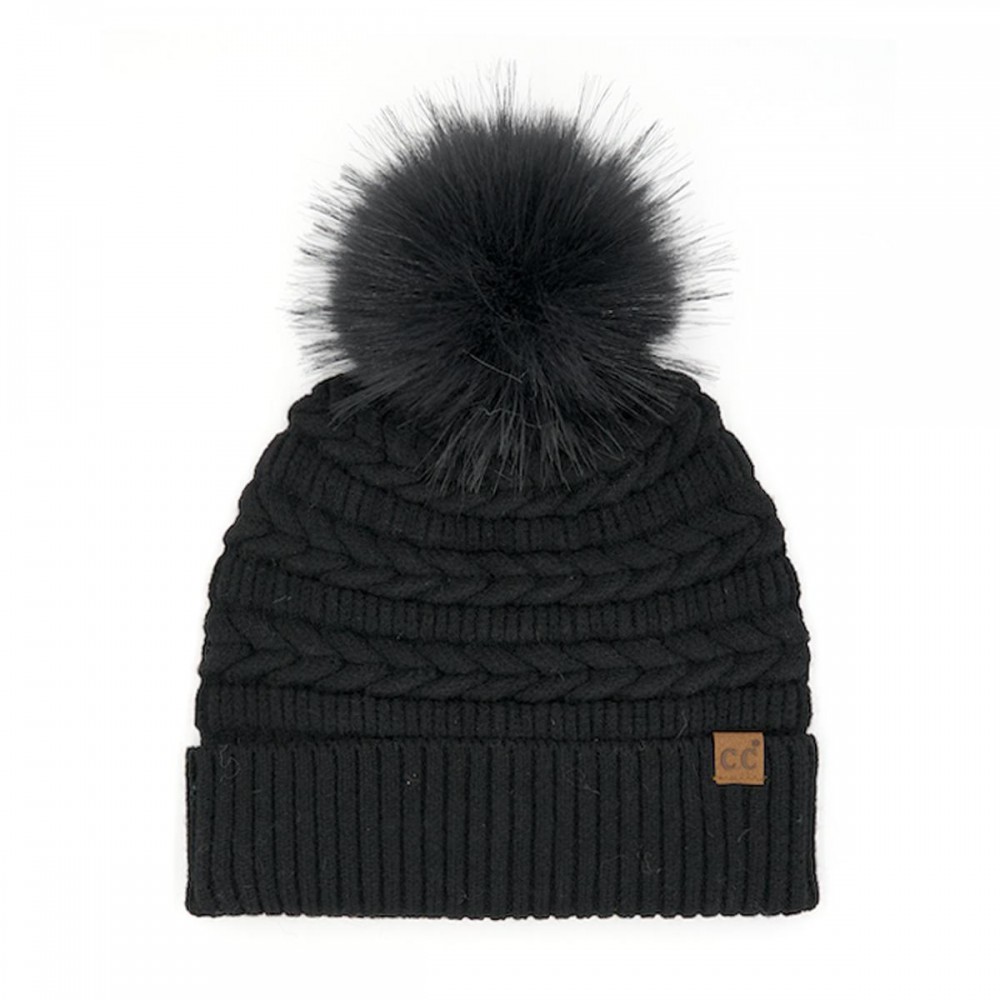 C.C HTE0158 Braided Pattern Faux Fur Pom Beanie - 47% Rayon / 31% Polyester / 22% Nylon - One Size Fits Most view 2