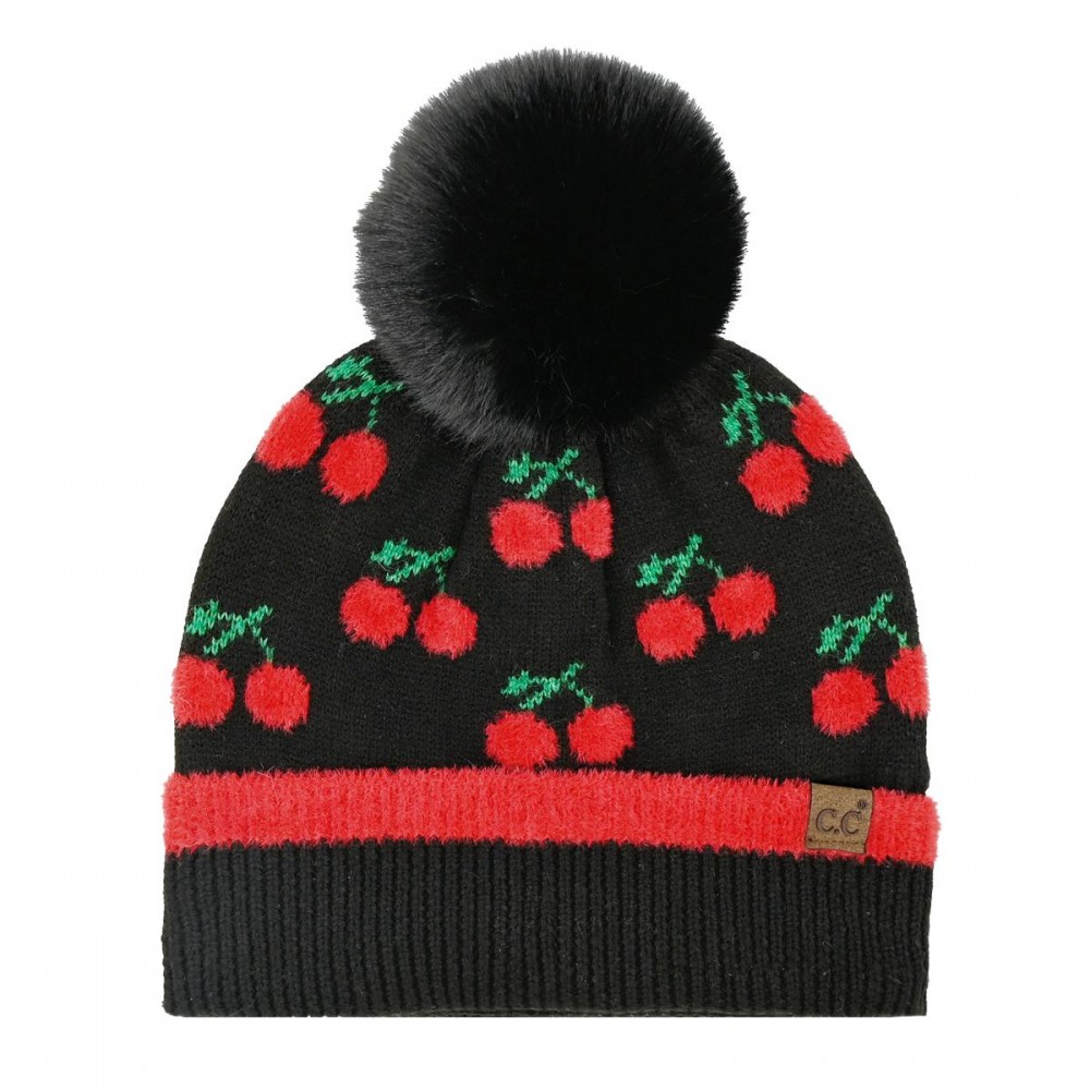 C.C HTE0161 Cherry Pom Beanie - 47% Rayon, 31% Polyester, 22% Nylon - One Size view 2