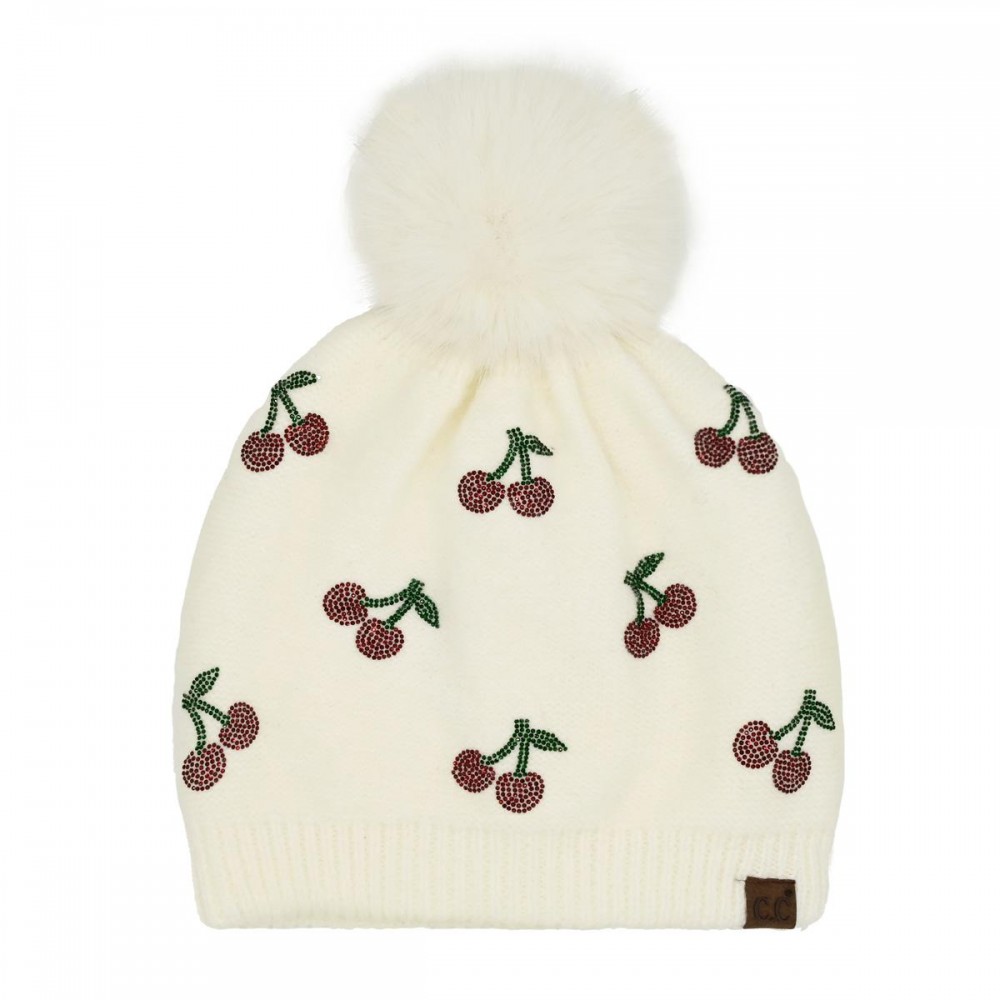 C.C HTE0170 Cherry Rhinestone Pom Beanie - 65% Recycled Polyester / 13% Nylon / 13% Acrylic / 6% Wool / 3% Spandex - One Size Fits Most view 2