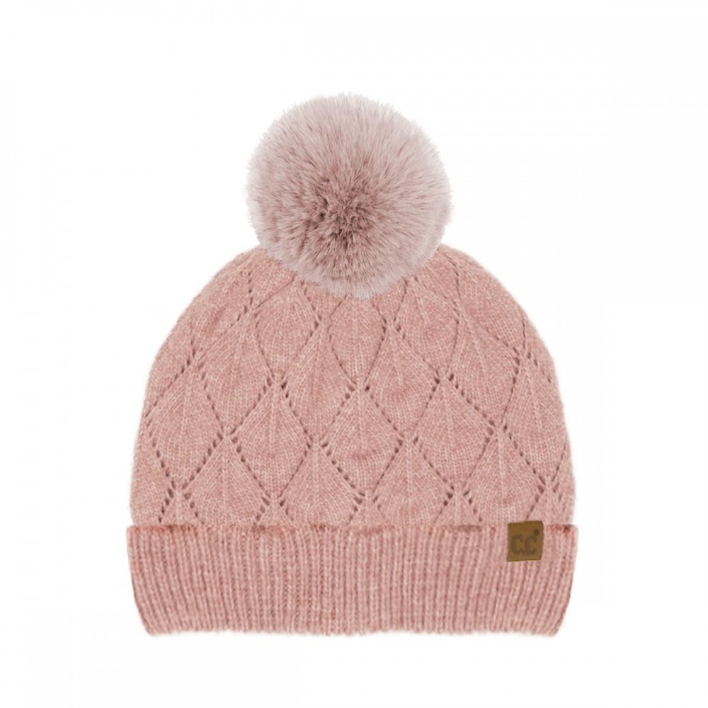 C.C HTE0173 Leaf Pattern Faux Fur Pom Beanie - 60% Recycled Polyester / 40% Polyester - One Size Fits Most view 2