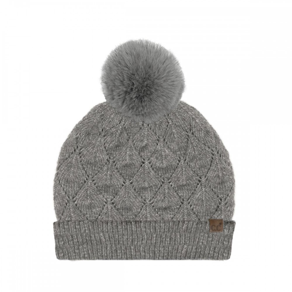 C.C HTE0173 Leaf Pattern Faux Fur Pom Beanie - 60% Recycled Polyester / 40% Polyester - One Size Fits Most view 2