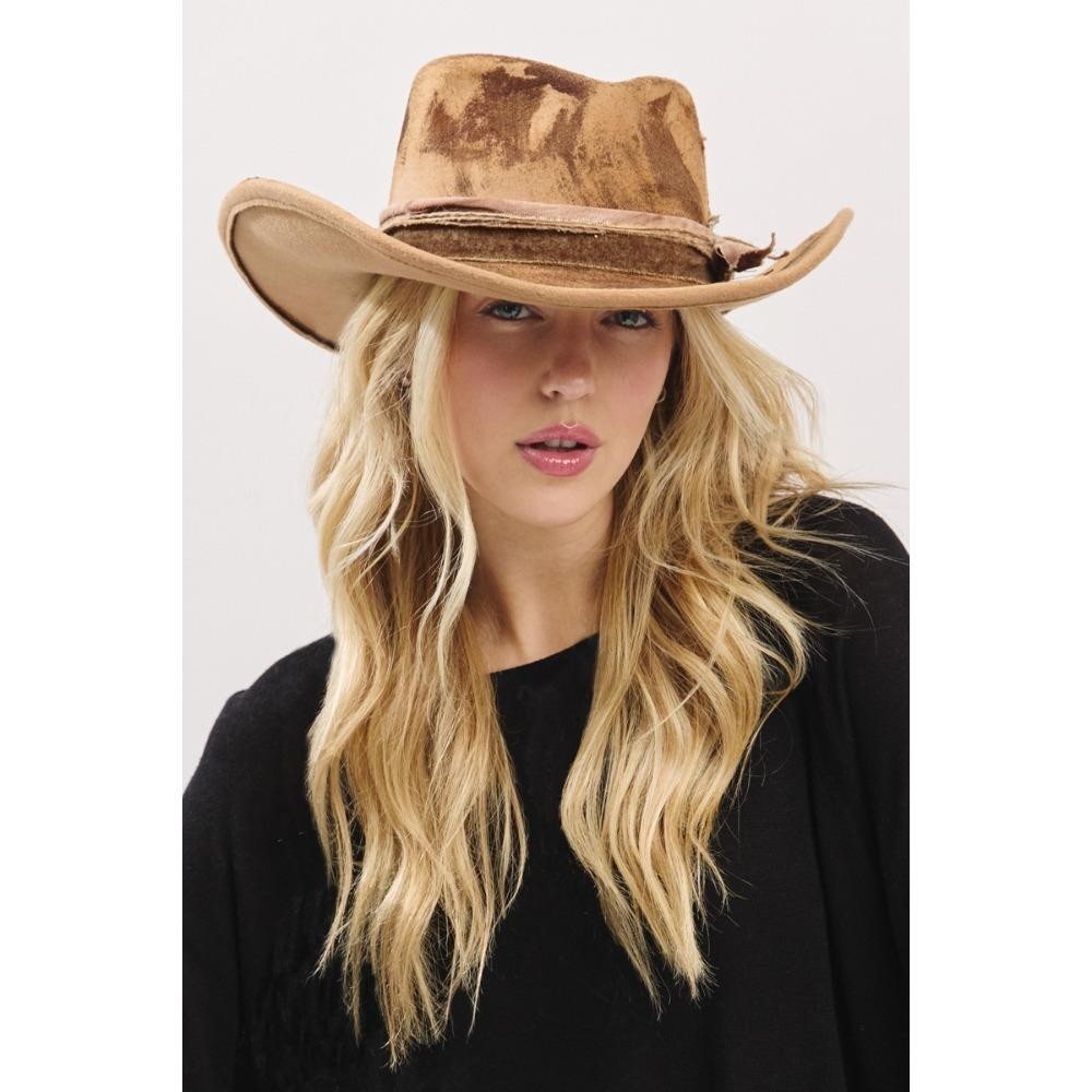 Rustic Cowgirl & Fedora Hat With Feather & Distressed Fabric Band - Versatile & Shapeable - One Size - 100% Polyester view 2
