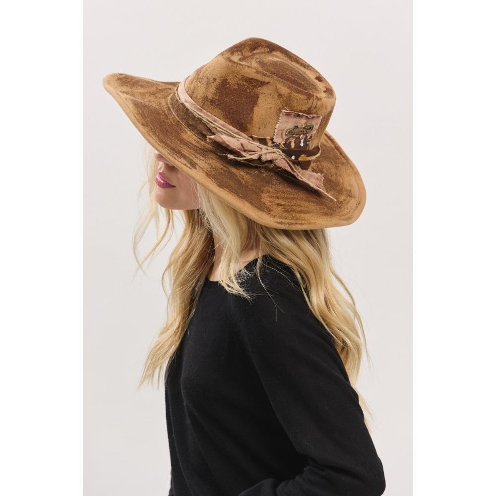 Rustic Cowgirl & Fedora Hat With Feather & Distressed Fabric Band - Versatile & Shapeable - One Size - 100% Polyester view 6