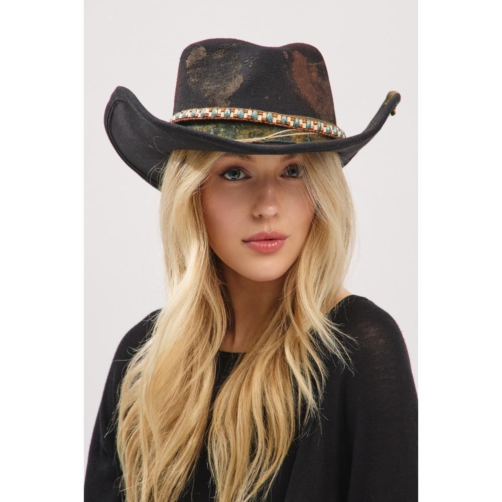 Rustic Cowgirl & Fedora Hat With Distressed Fabric & Beaded Band - Versatile & Shapeable - One Size - 100% Polyester view 2