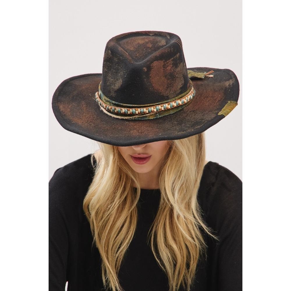 Rustic Cowgirl & Fedora Hat With Distressed Fabric & Beaded Band - Versatile & Shapeable - One Size - 100% Polyester view 6