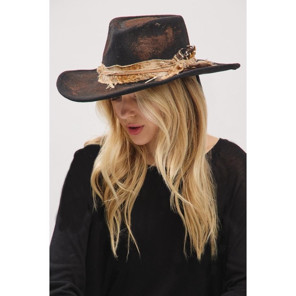 Rustic Cowgirl & Fedora Hat With Feather & Distressed Fabric Band - Versatile & Shapeable - One Size - 100% Polyester view 2