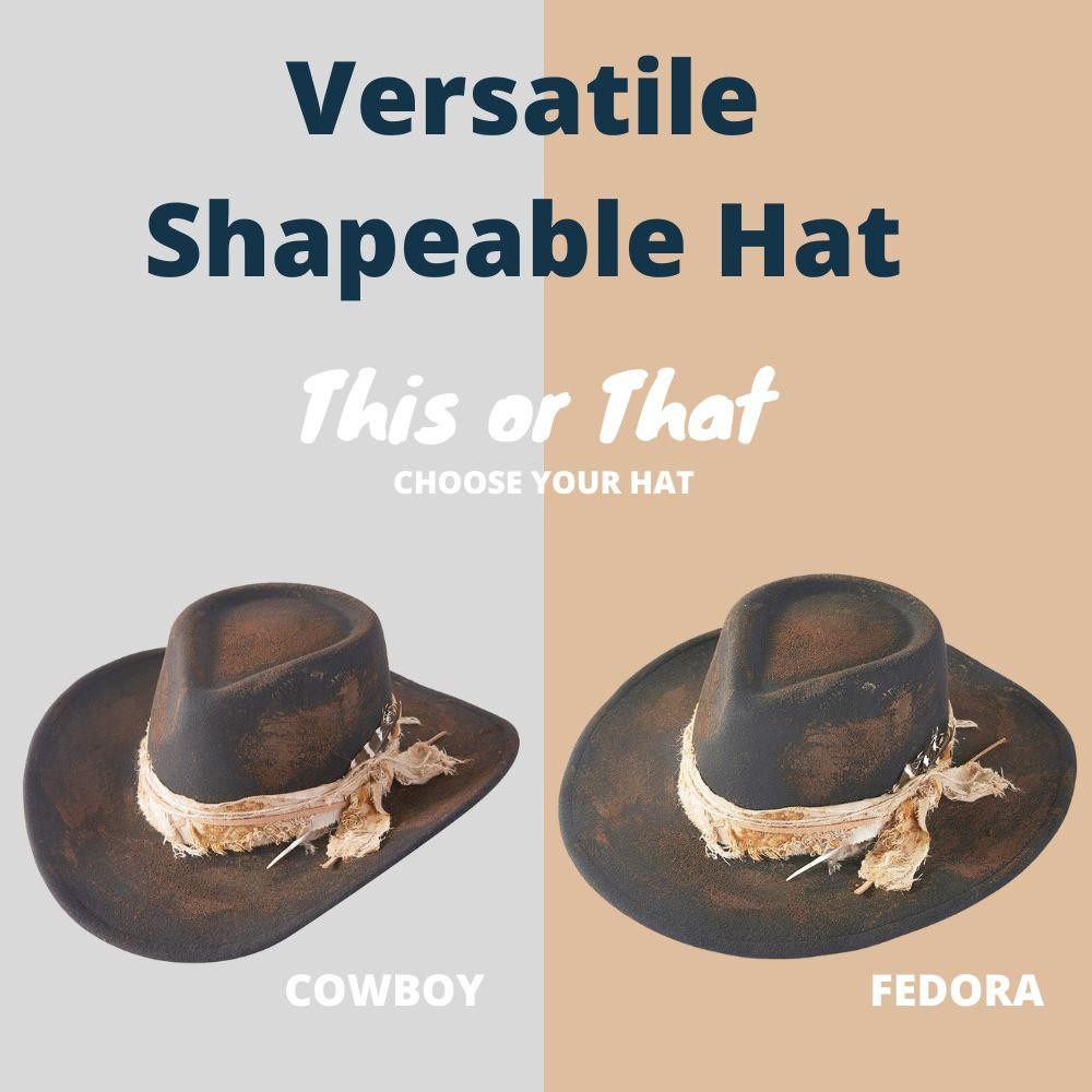 Rustic Cowgirl & Fedora Hat With Feather & Distressed Fabric Band - Versatile & Shapeable - One Size - 100% Polyester view 4