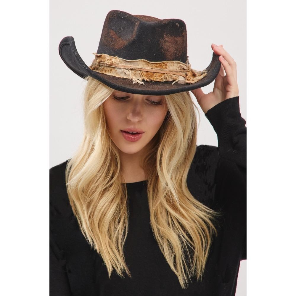 Rustic Cowgirl & Fedora Hat With Feather & Distressed Fabric Band - Versatile & Shapeable - One Size - 100% Polyester view 6