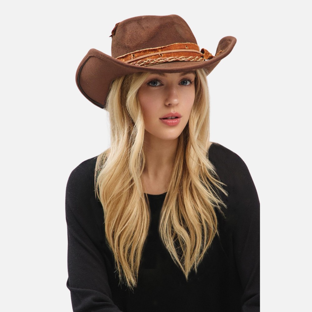 Rustic Cowgirl & Fedora Hat With Distressed Fabric & Braided Suede Band - Versatile & Shapeable - One Size - 100% Polyester view 2