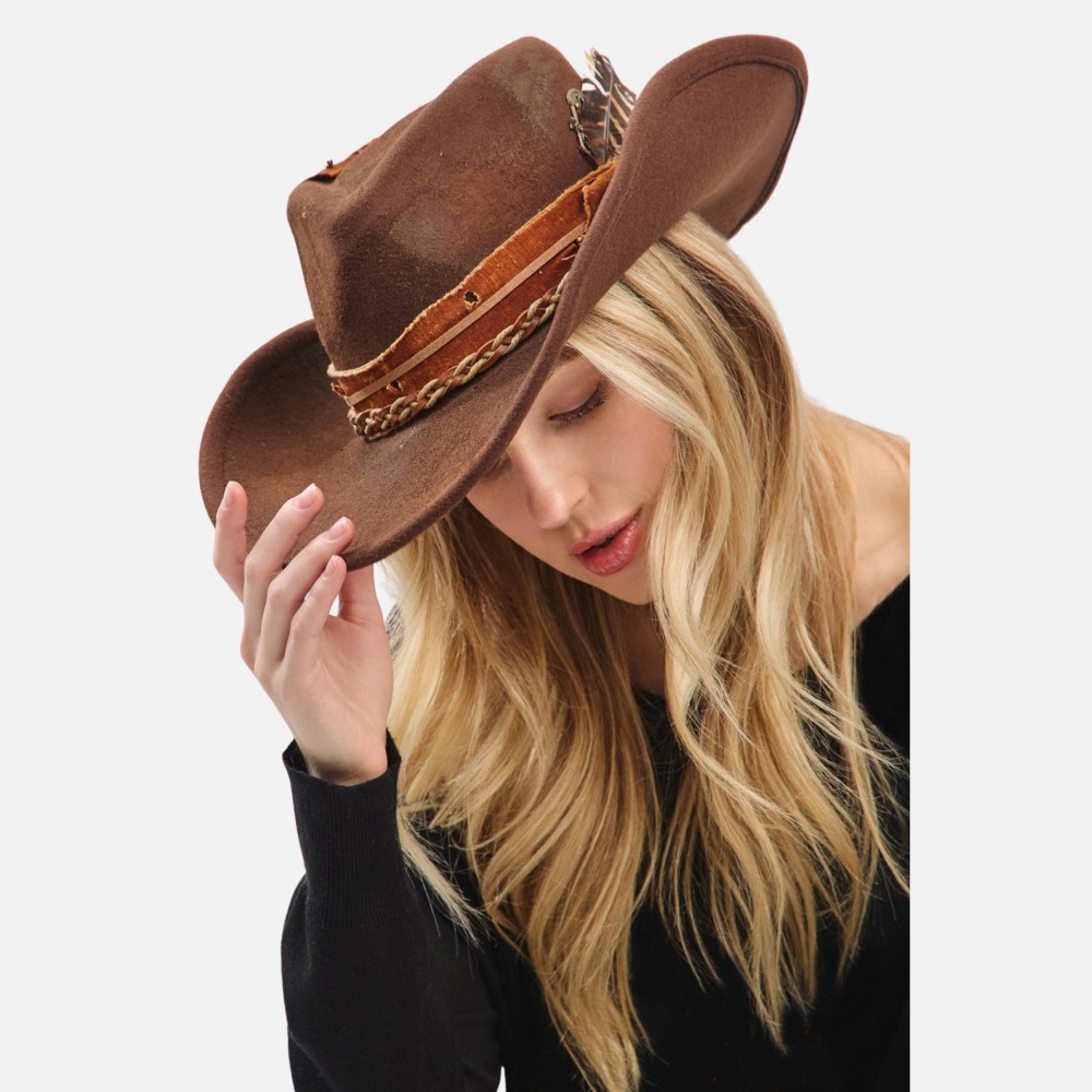Rustic Cowgirl & Fedora Hat With Distressed Fabric & Braided Suede Band - Versatile & Shapeable - One Size - 100% Polyester view 6